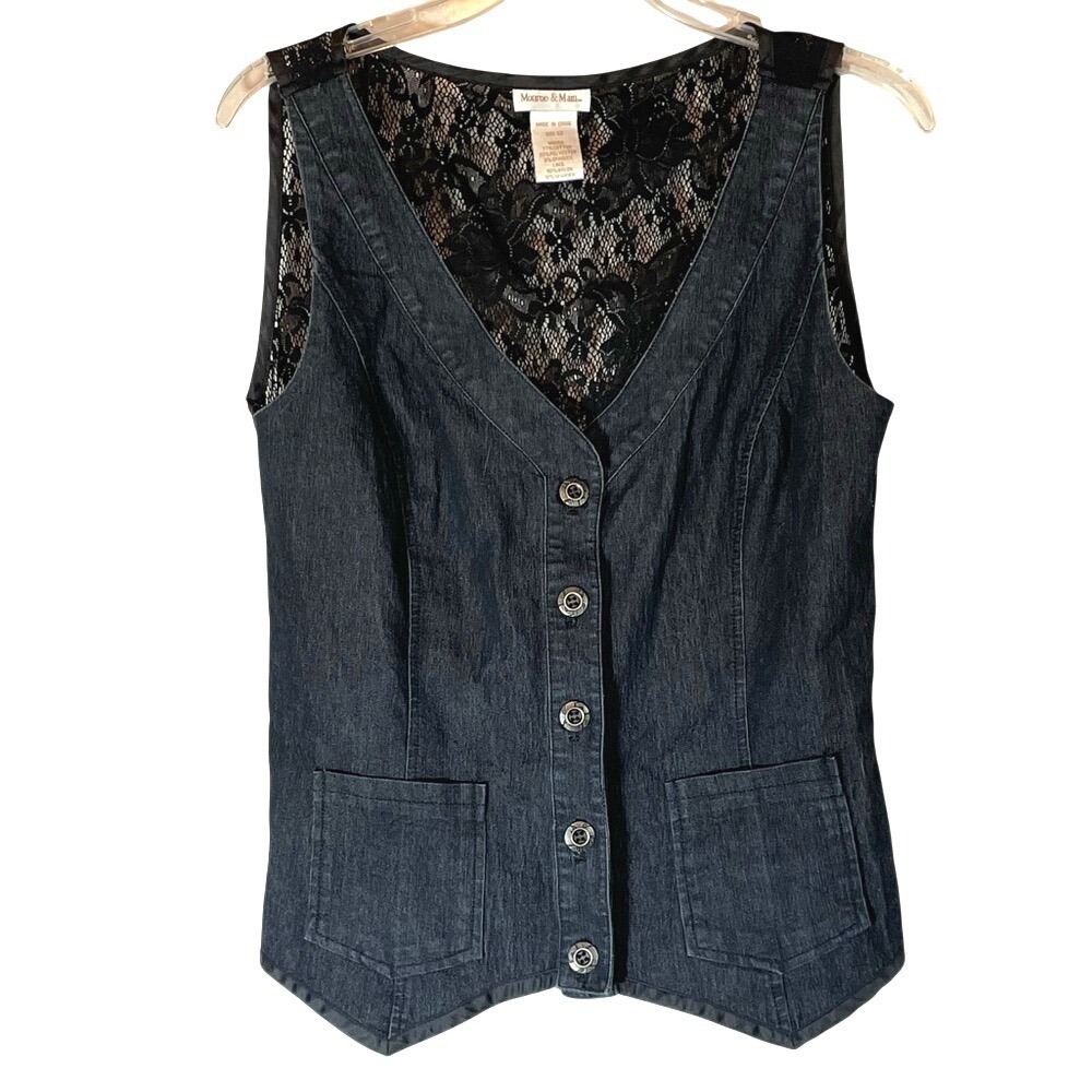 Monroe & Main Lace Back‎ Denim Button Front Vest Size 12 Black Dark Wash
